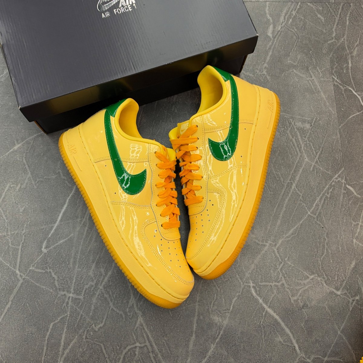 Nike Air Force 1 Low Patent Leather Topaz Gold Pine Green (Size 10) (Lightly Worn)