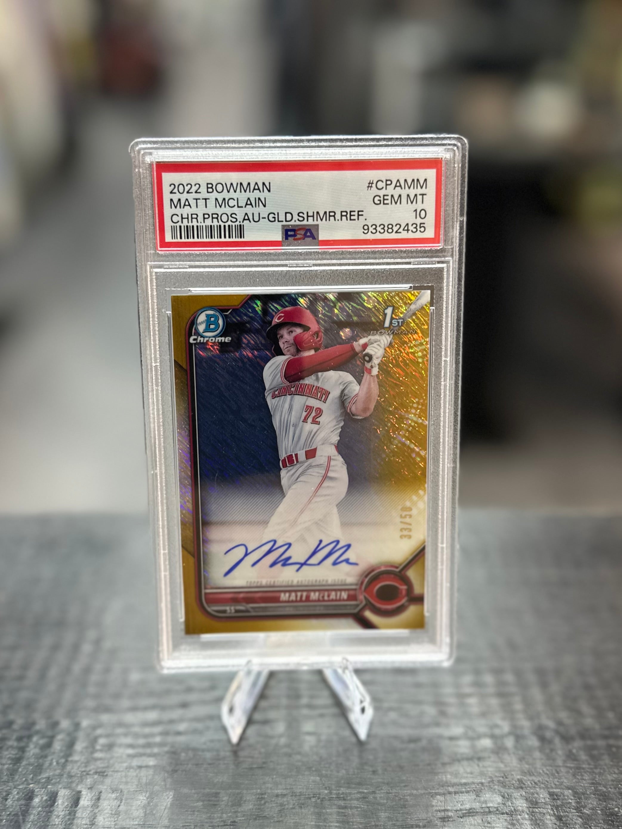 2022 Bowman Chrome Matt McLain 1st Bowman Gold Shimmer Auto /50 PSA 10