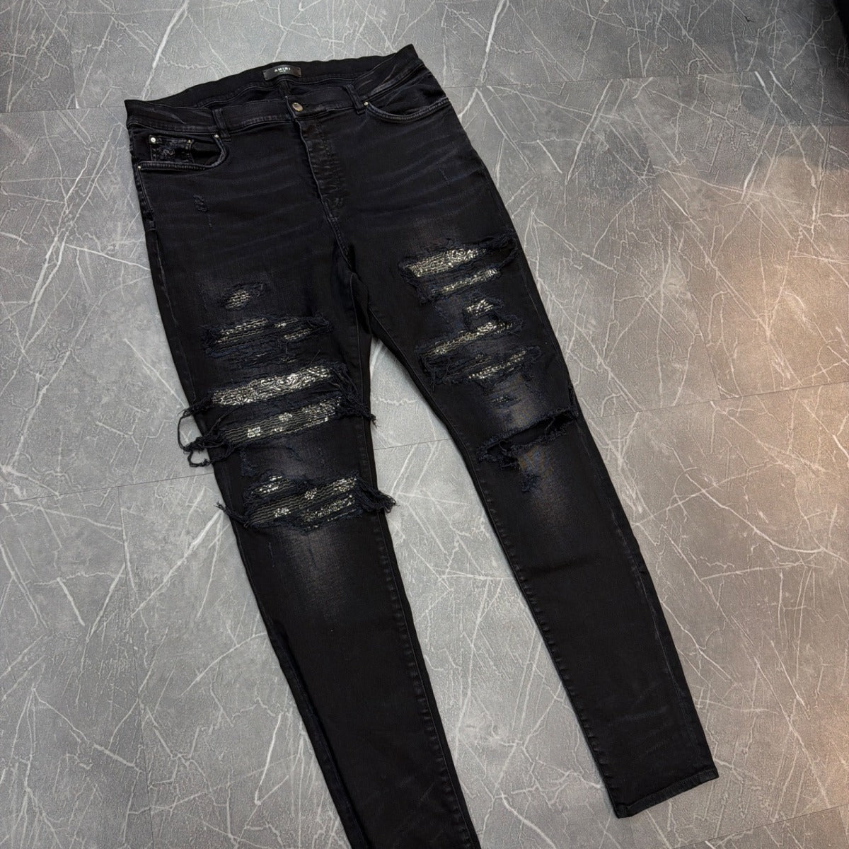 Amiri Black Bandana Ripped Denim Jeans