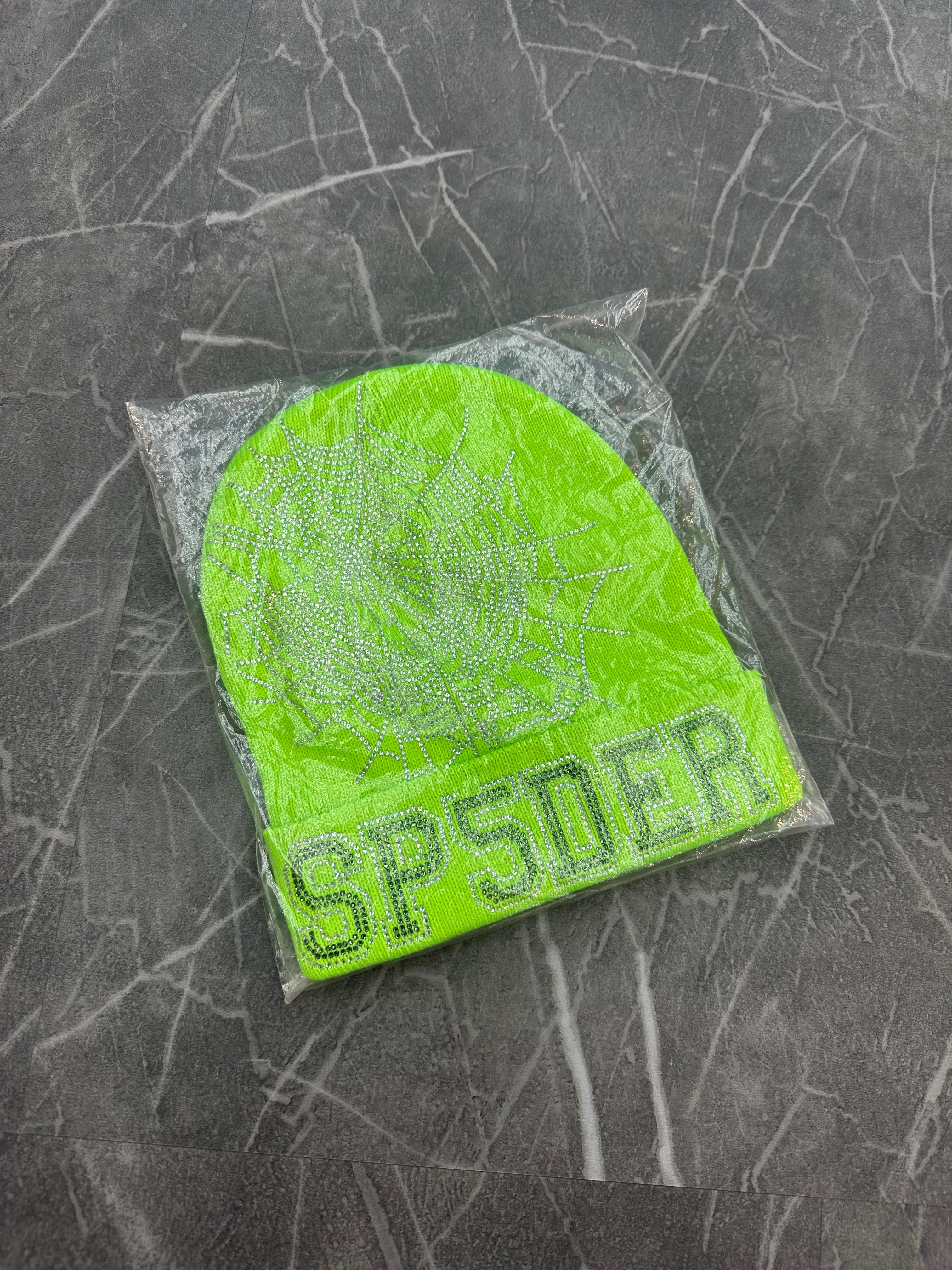Sp5der Rhinestone Beanie Green