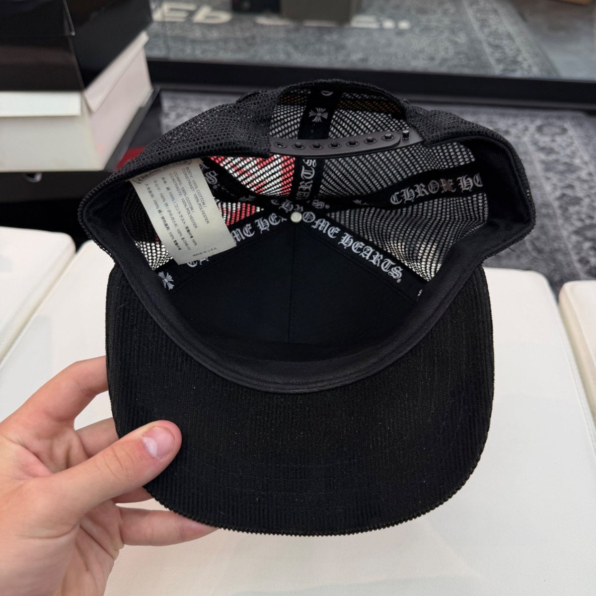 Chrome Hearts CH Hollywood Corduroy Trucker Hat Black/Gold - tag