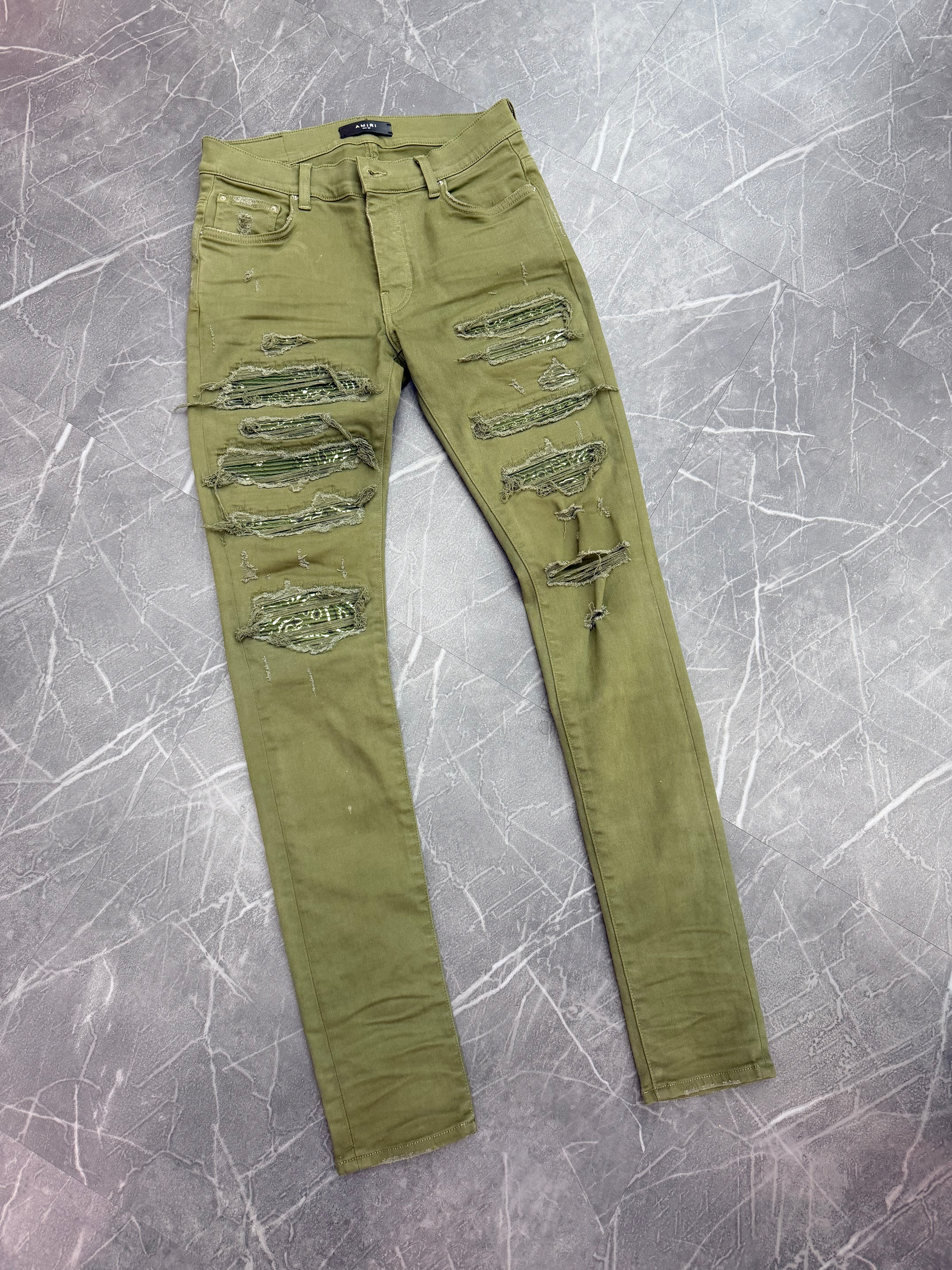 Amiri Denim Jeans Olive Ripped Bandana (30)