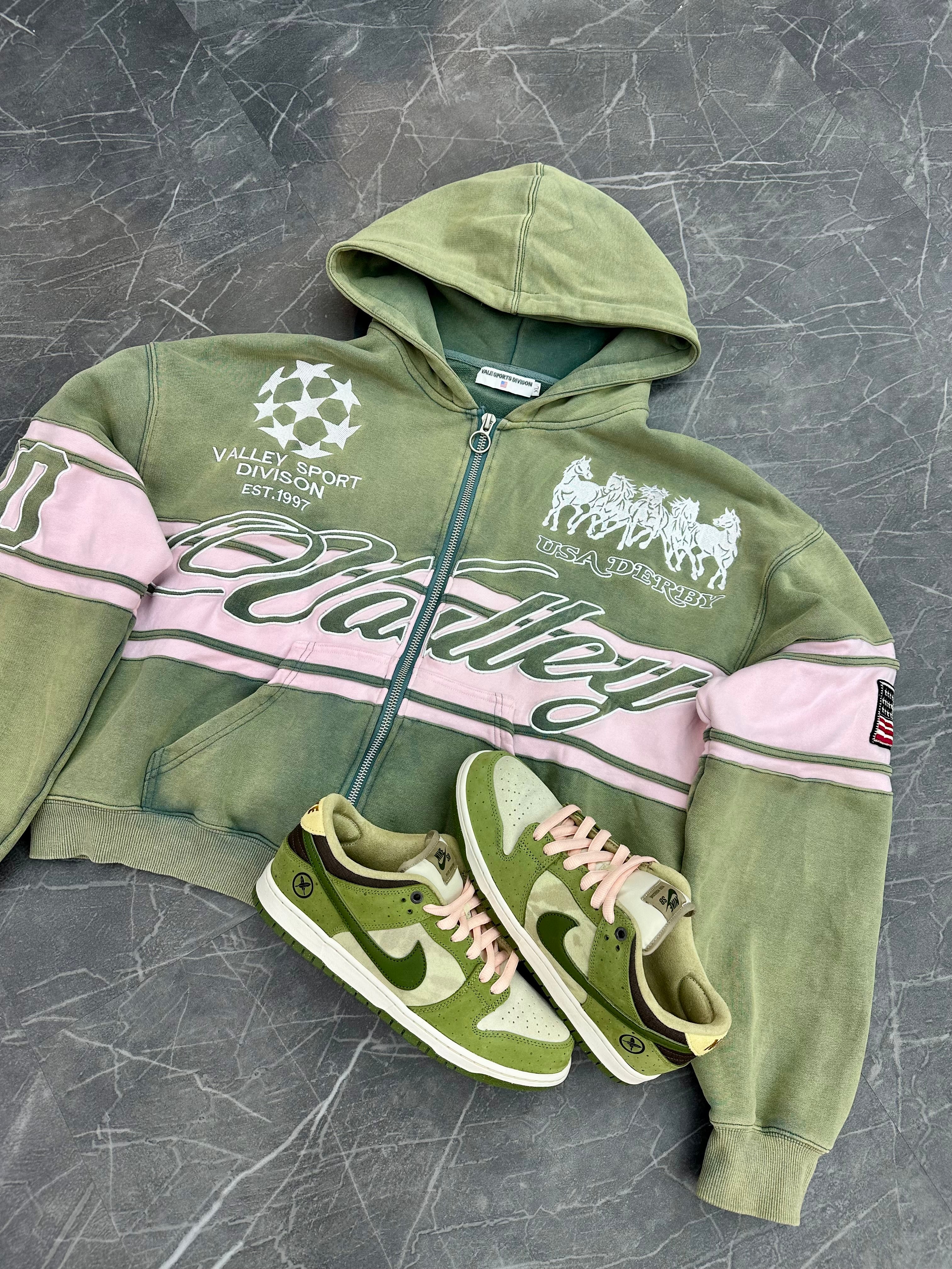 Vale Cursive Zip Up Green “Pink Dyed”