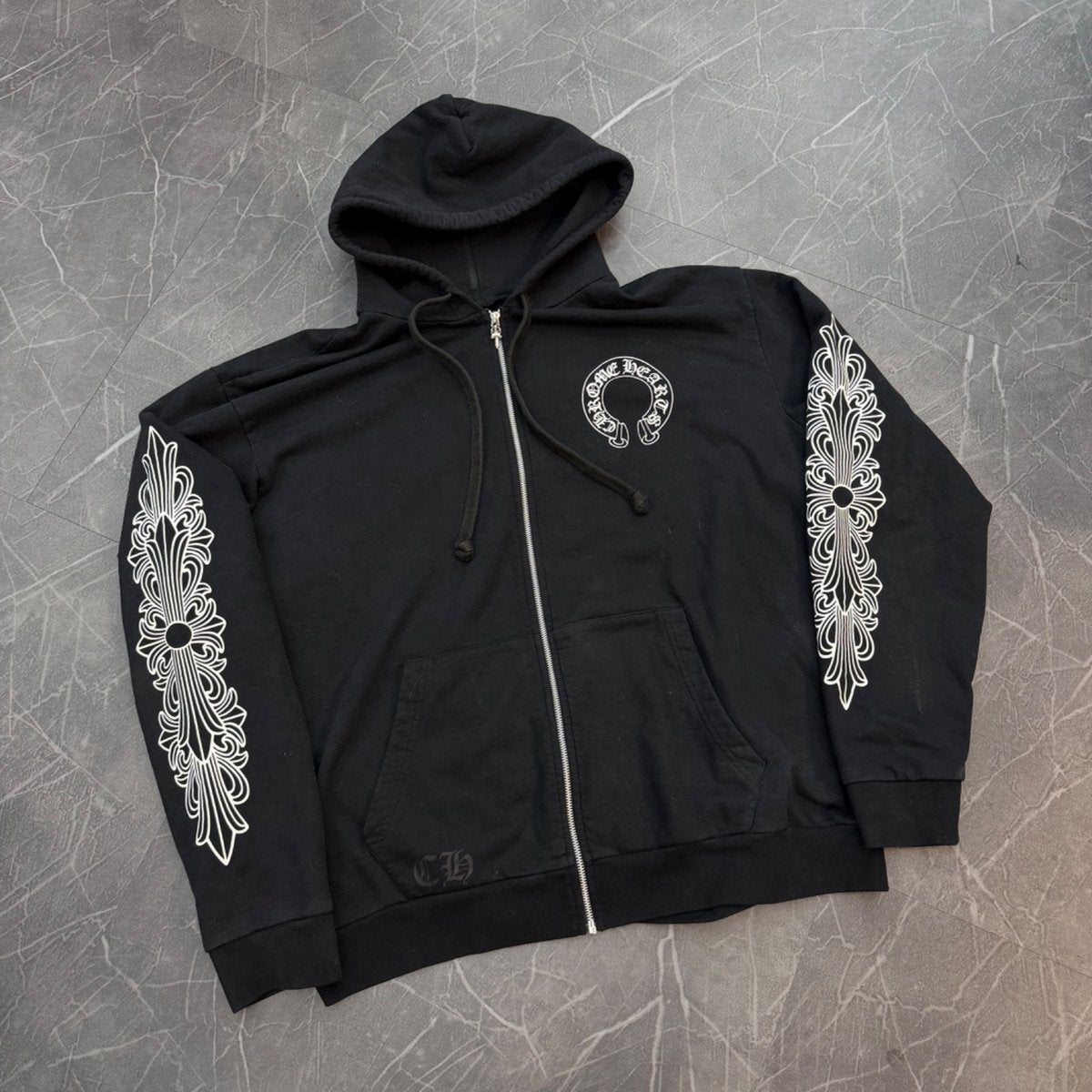 Chrome Hearts Horseshoe Floral Cross Sleeve Zip Up Hoodie Black/White