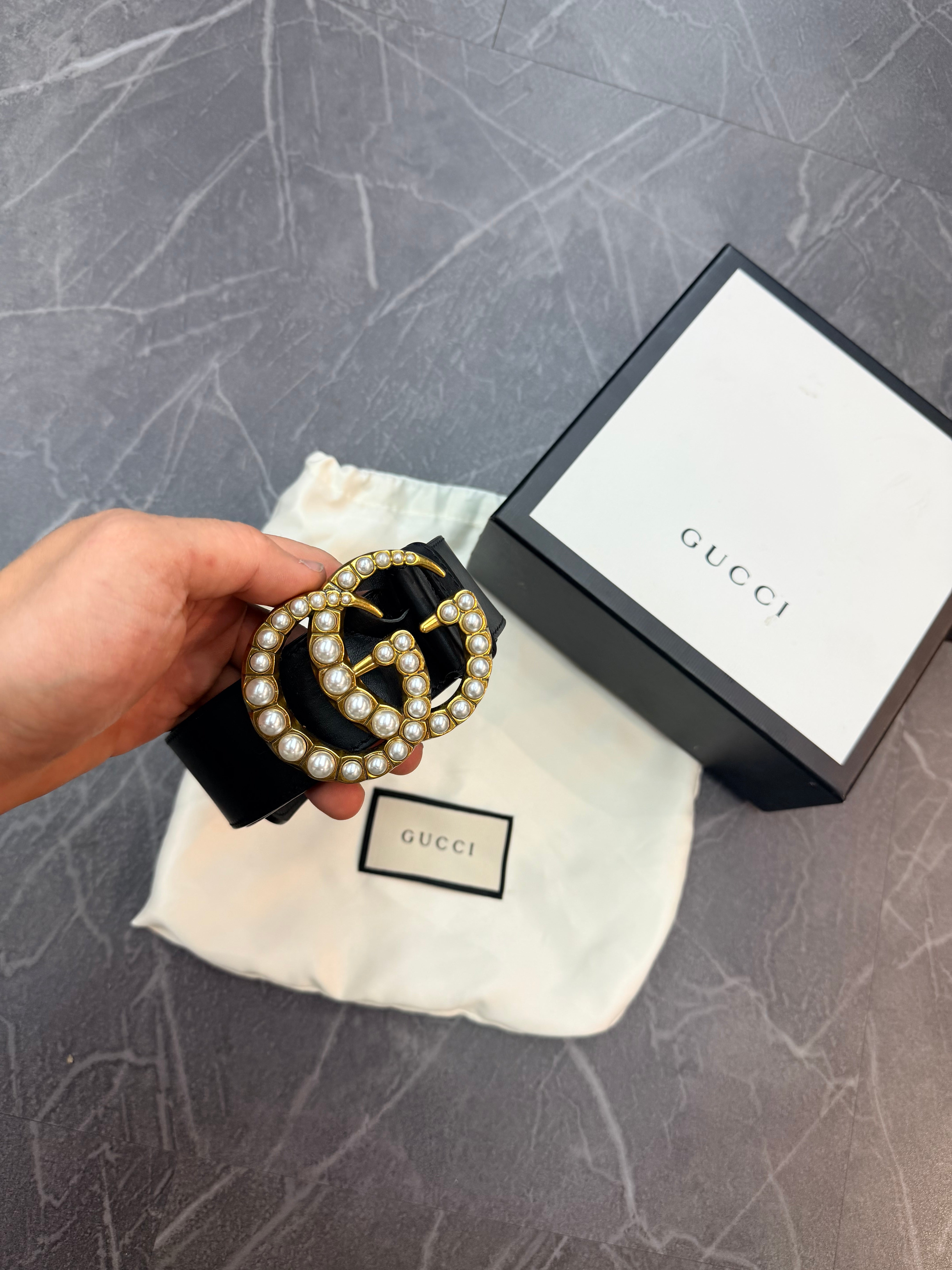 Gucci Faux Pearl Accents Leather Belt