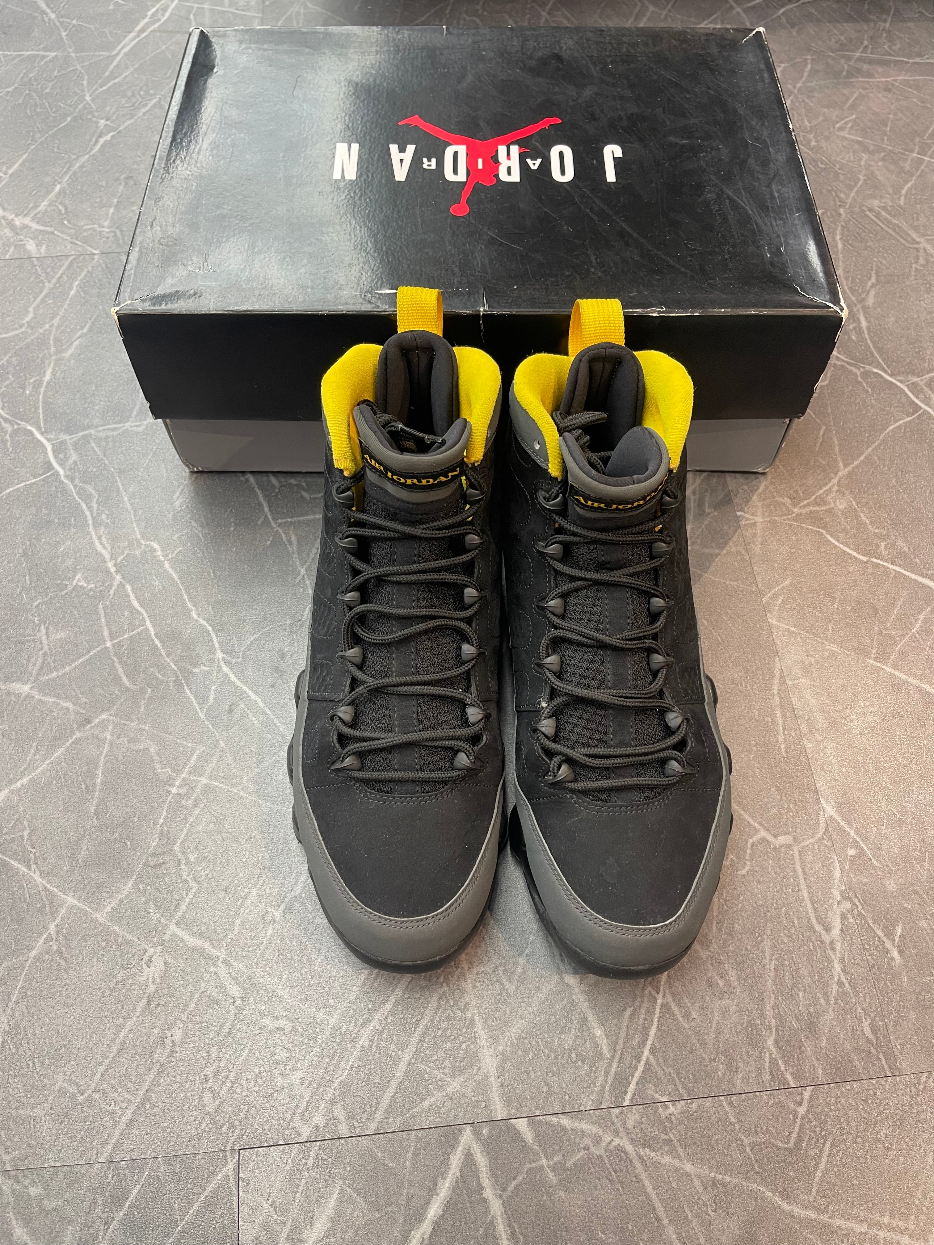 Jordan 9 “Dark Charcoal University Gold”