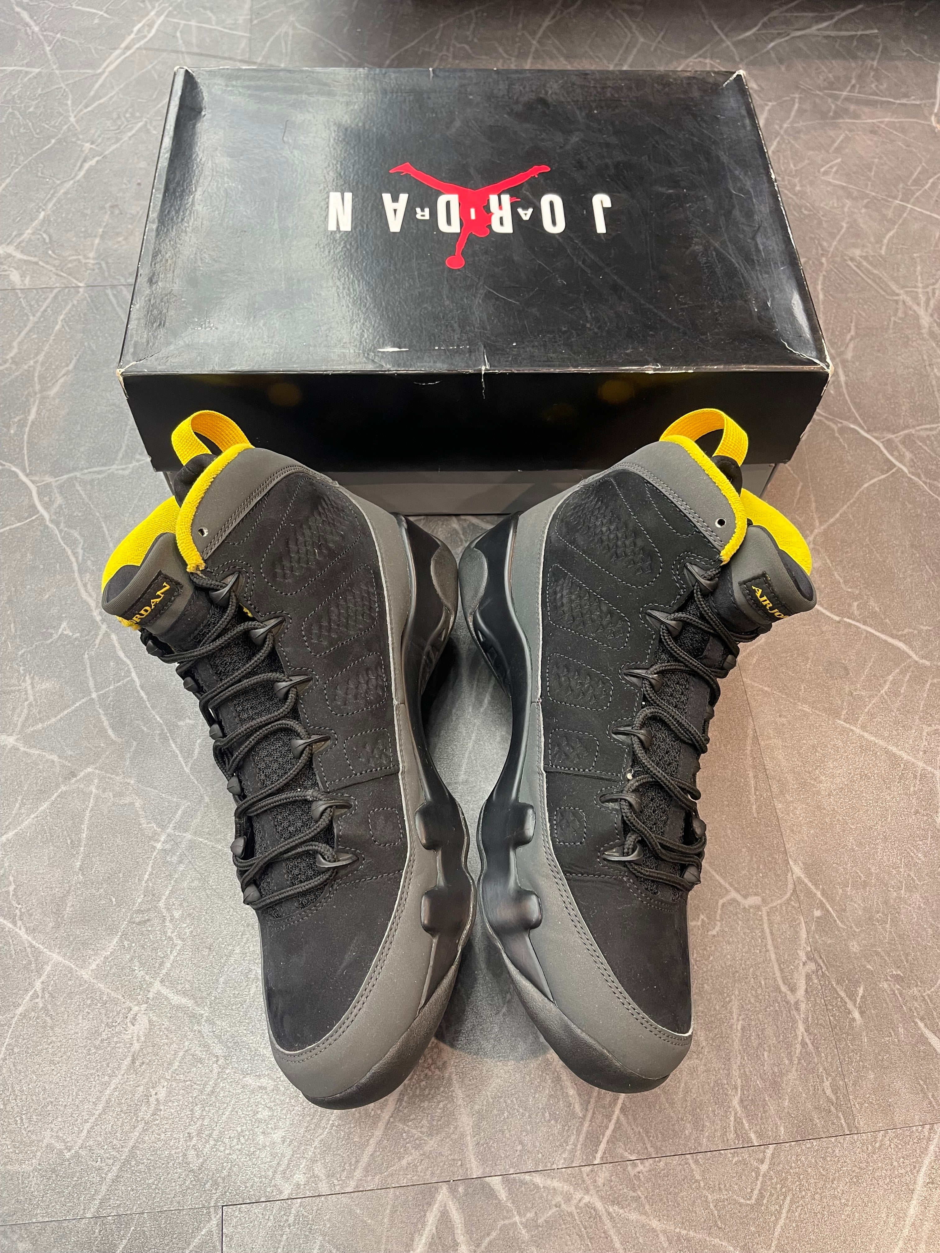 Jordan 9 “Dark Charcoal University Gold”