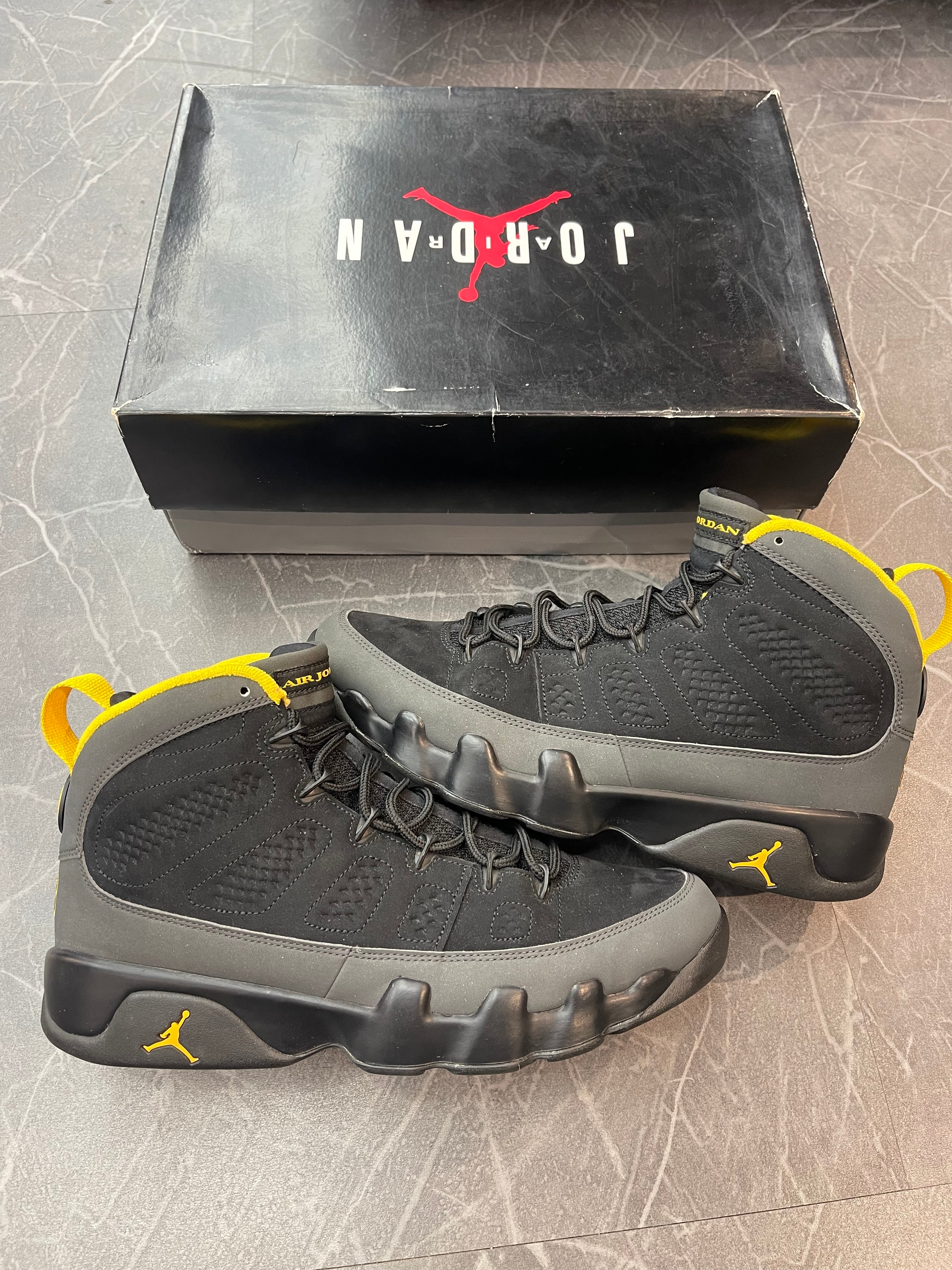 Jordan 9 “Dark Charcoal University Gold”