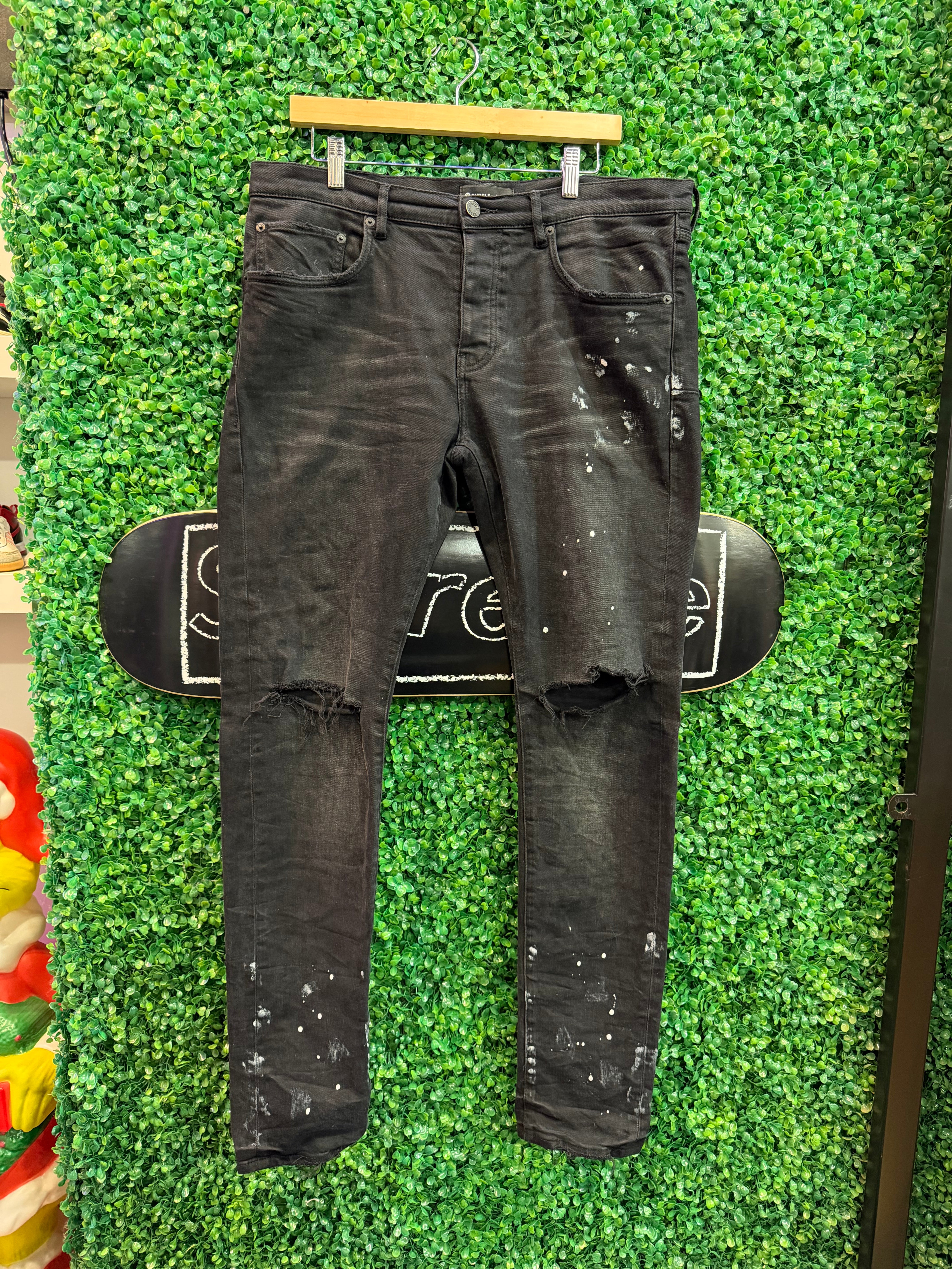 Purple Jeans Knee Rip Paint Splatter Black (34)