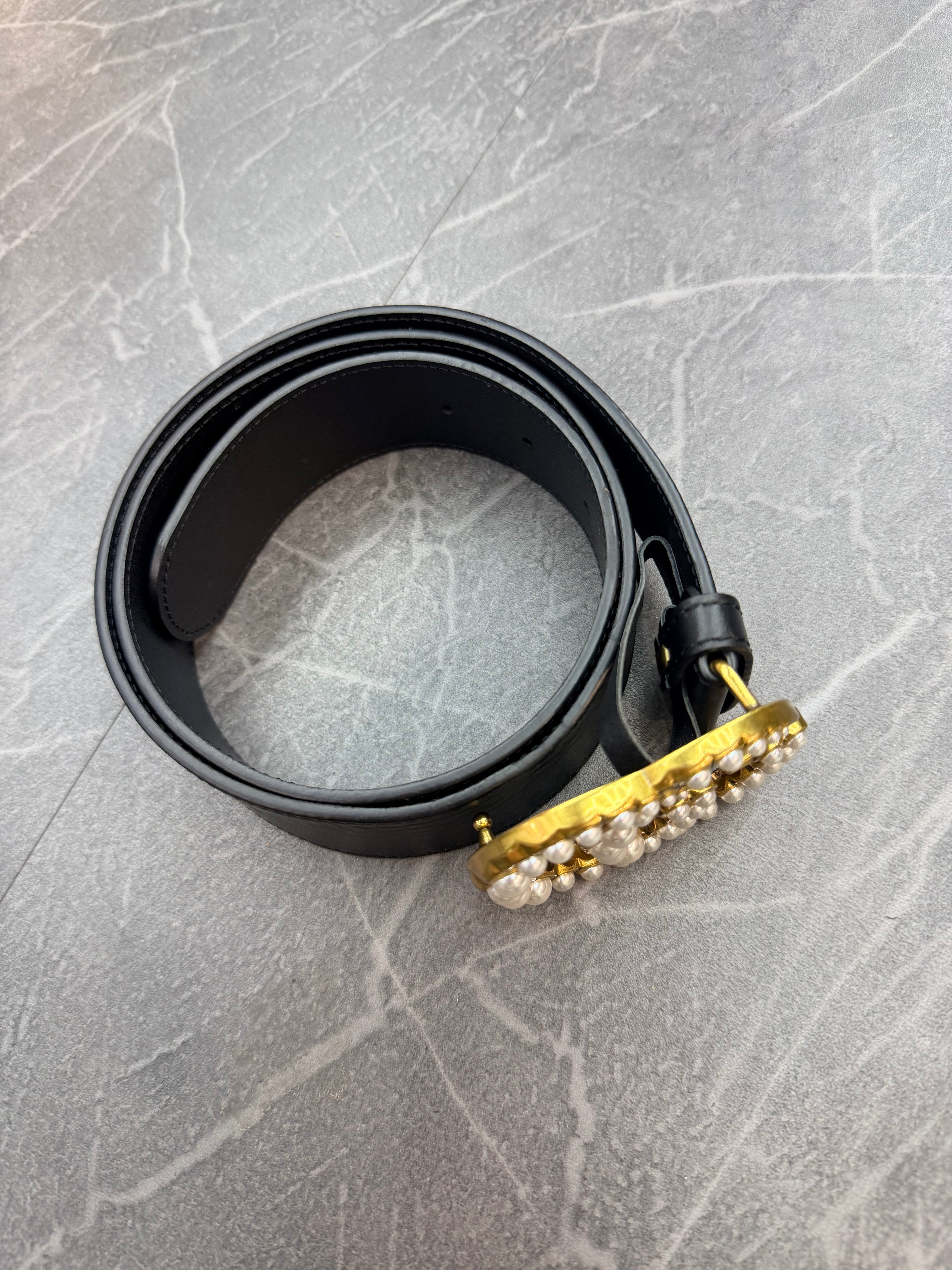Gucci Faux Pearl Accents Leather Belt