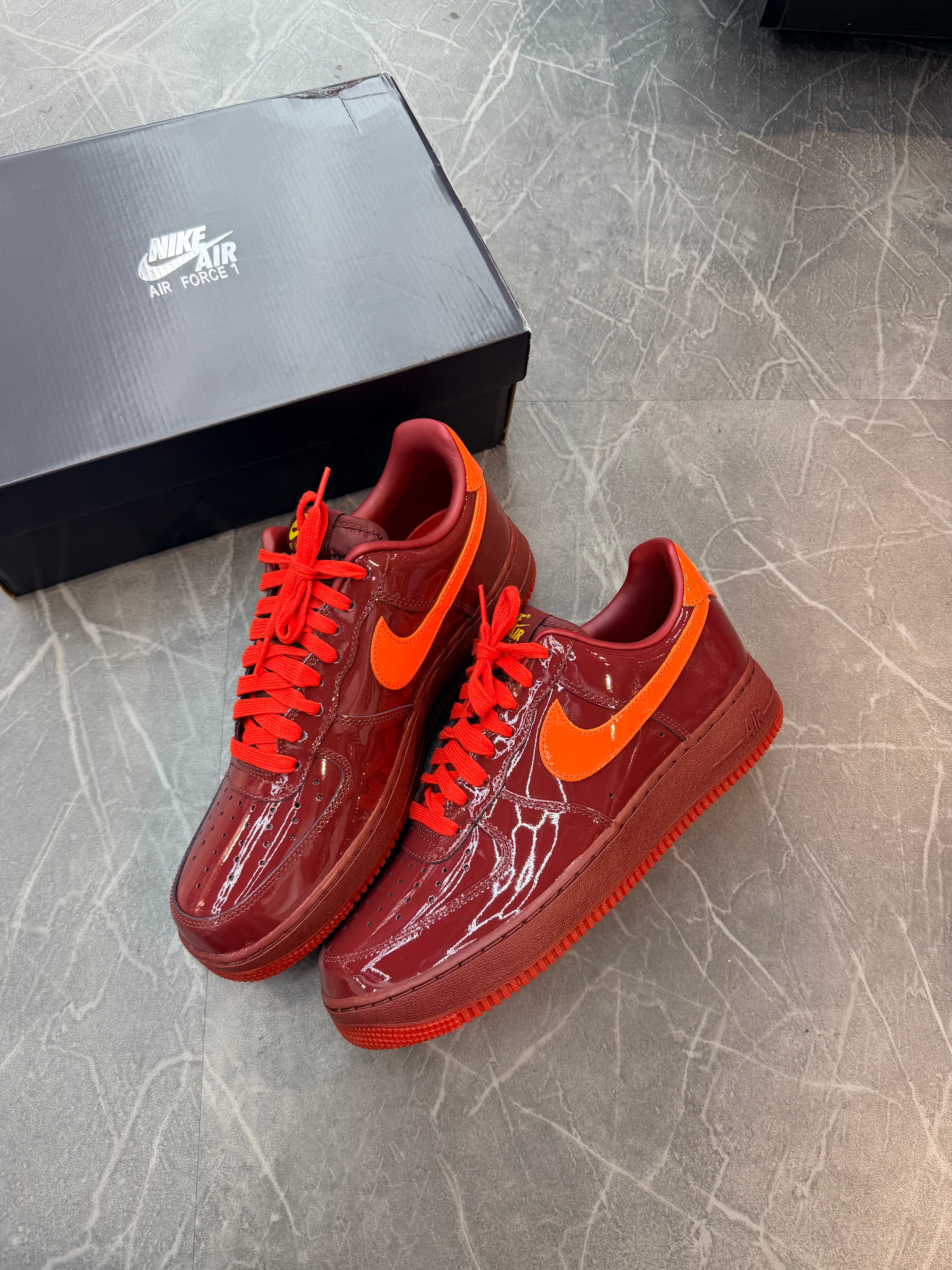 Nike Air Force 1 Low Patent Leather Dark Team Red Safety Orange
