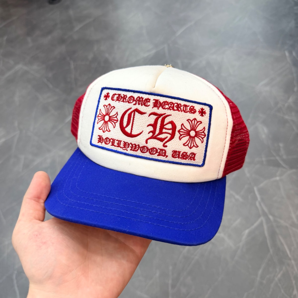 Chrome Hearts Trucker Hat Blue/Red/White - Image 1