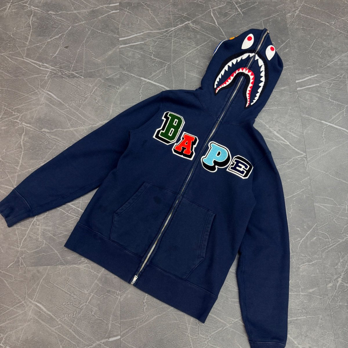 BAPE Multi Fonts Shark Full Zip Hoodie Navy (Size L) (Lightly Worn)