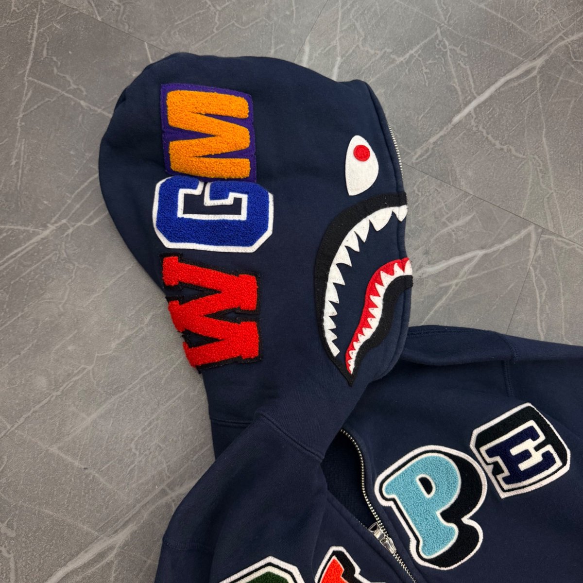 BAPE Multi Fonts Shark Full Zip Hoodie Navy (Size L) (Lightly Worn)