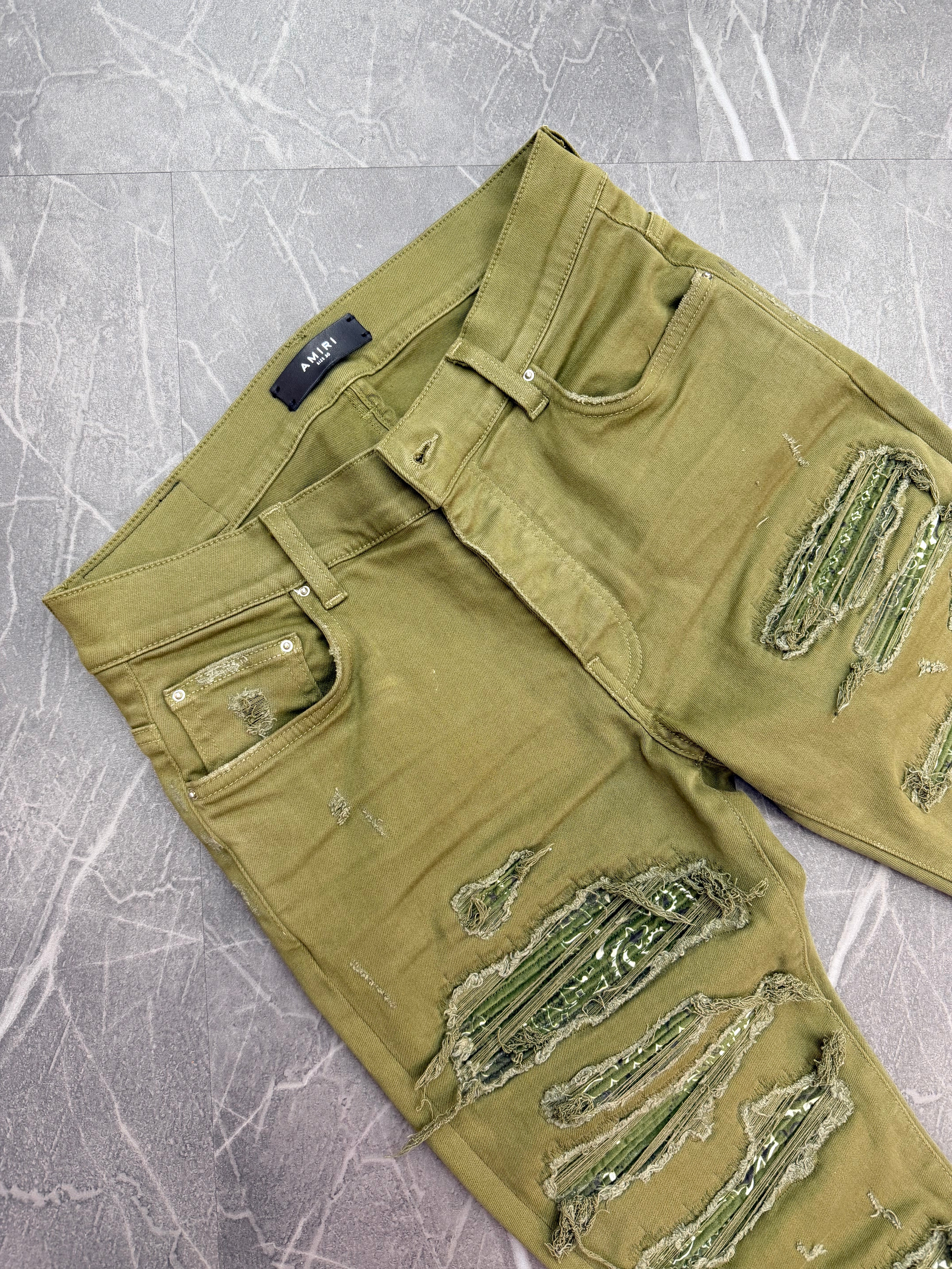 Amiri Denim Jeans Olive Ripped Bandana (30)