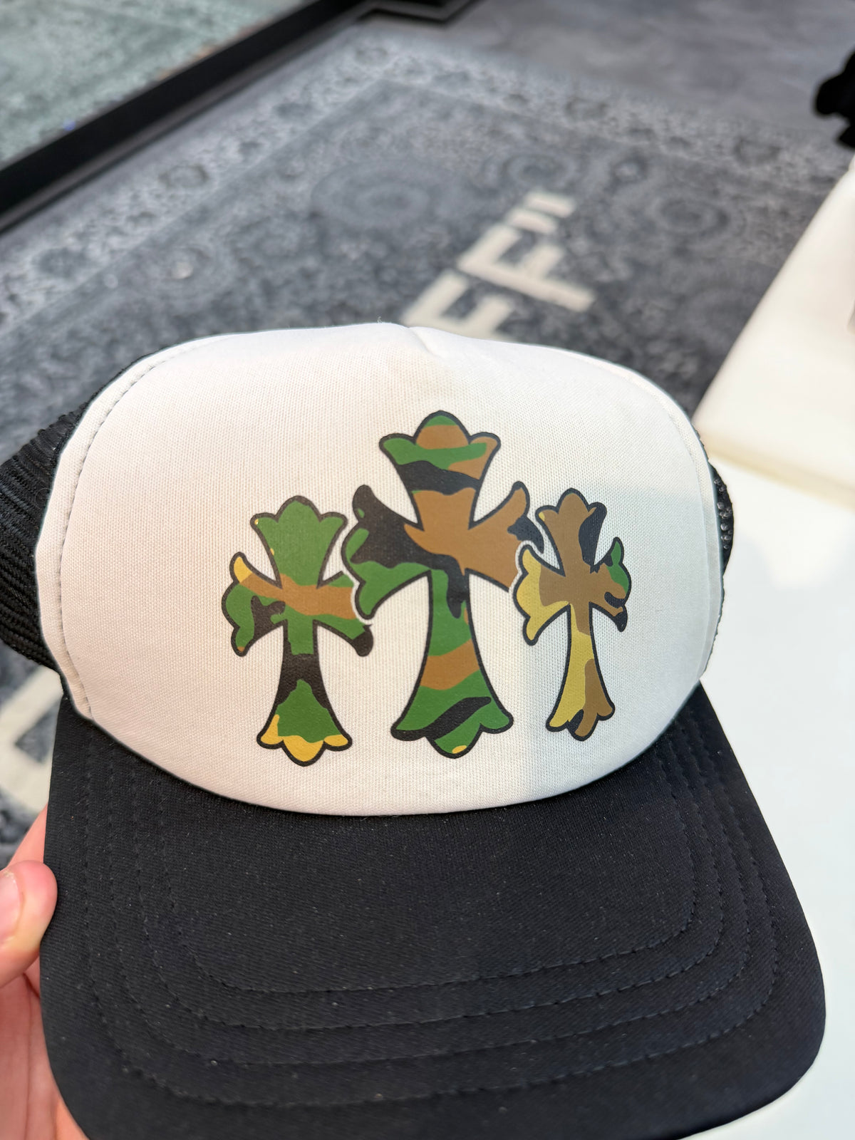 Chrome Hearts Triple Camo Cross King Taco Trucker Hat