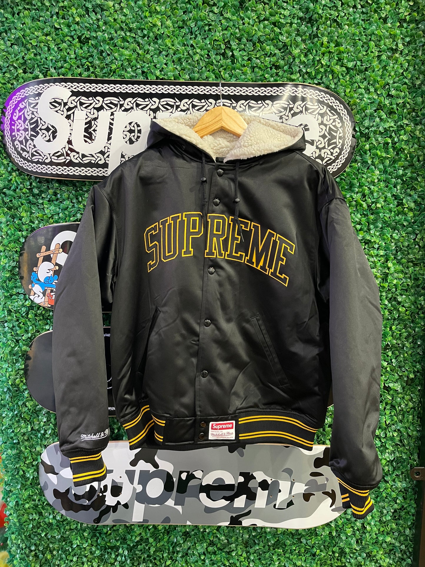 Supreme Mitchell & Ness Lined Hooded Satin Varsity Jacket “Black”