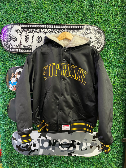 Supreme Mitchell & Ness Lined Hooded Satin Varsity Jacket “Black”