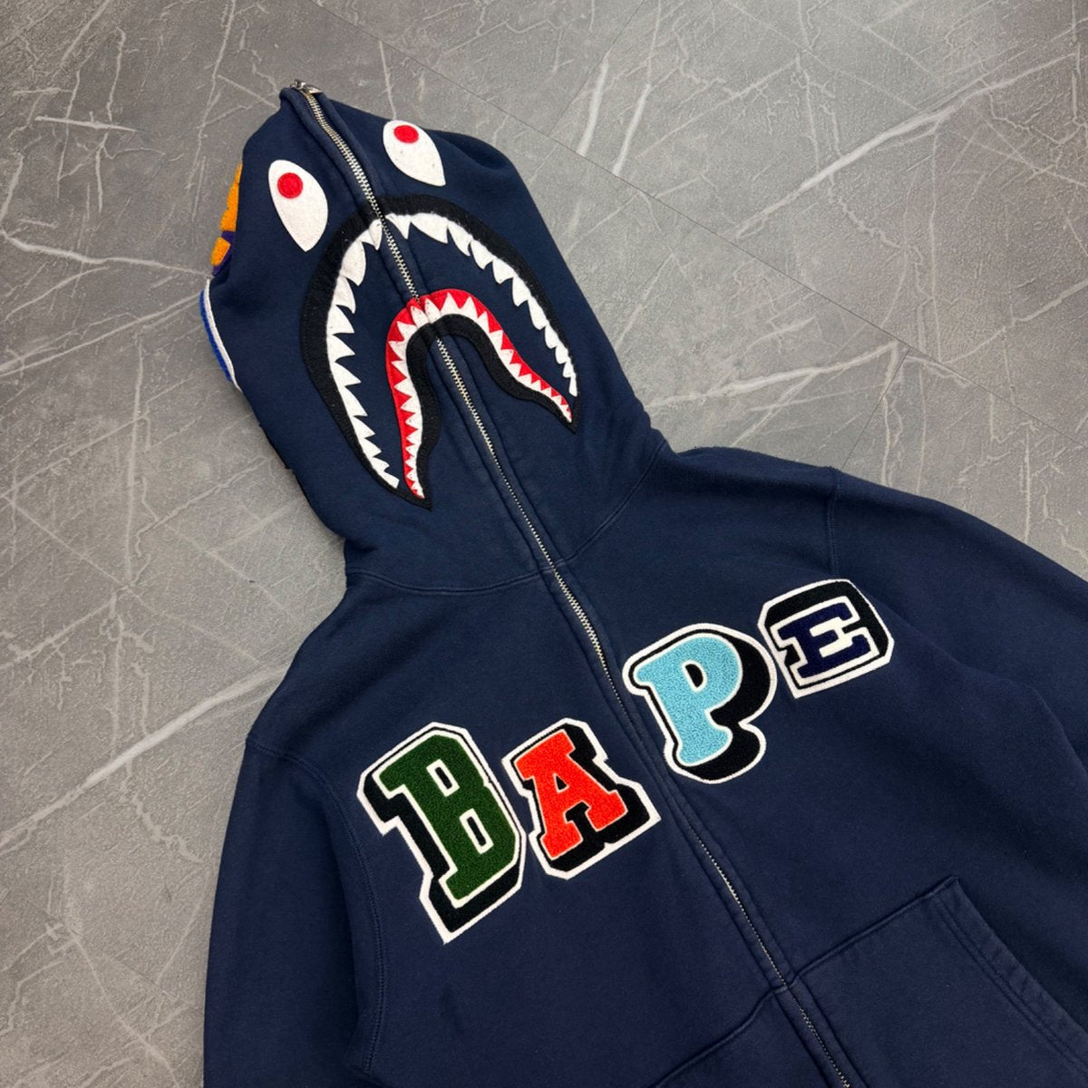 BAPE Multi Fonts Shark Full Zip Hoodie Navy (Size L) (Lightly Worn)