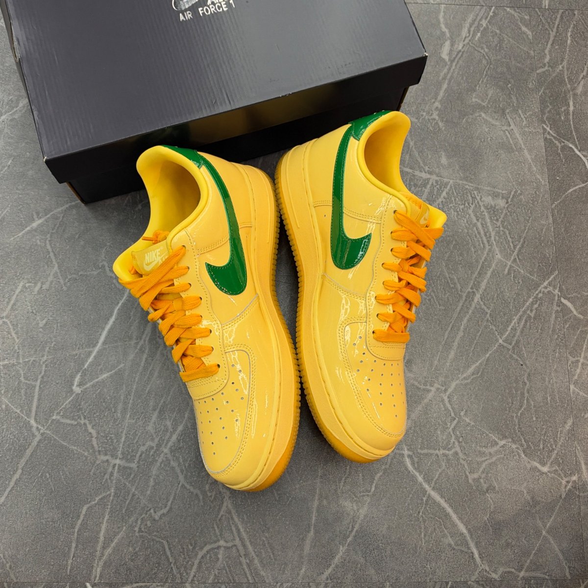 Nike Air Force 1 Low Patent Leather Topaz Gold Pine Green (Size 10) (Lightly Worn)