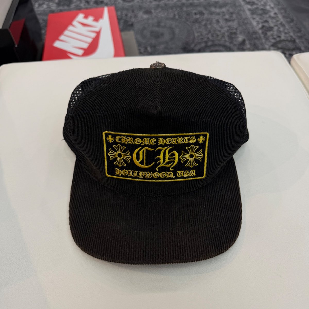 Chrome Hearts CH Hollywood Corduroy Trucker Hat Black/Gold - front