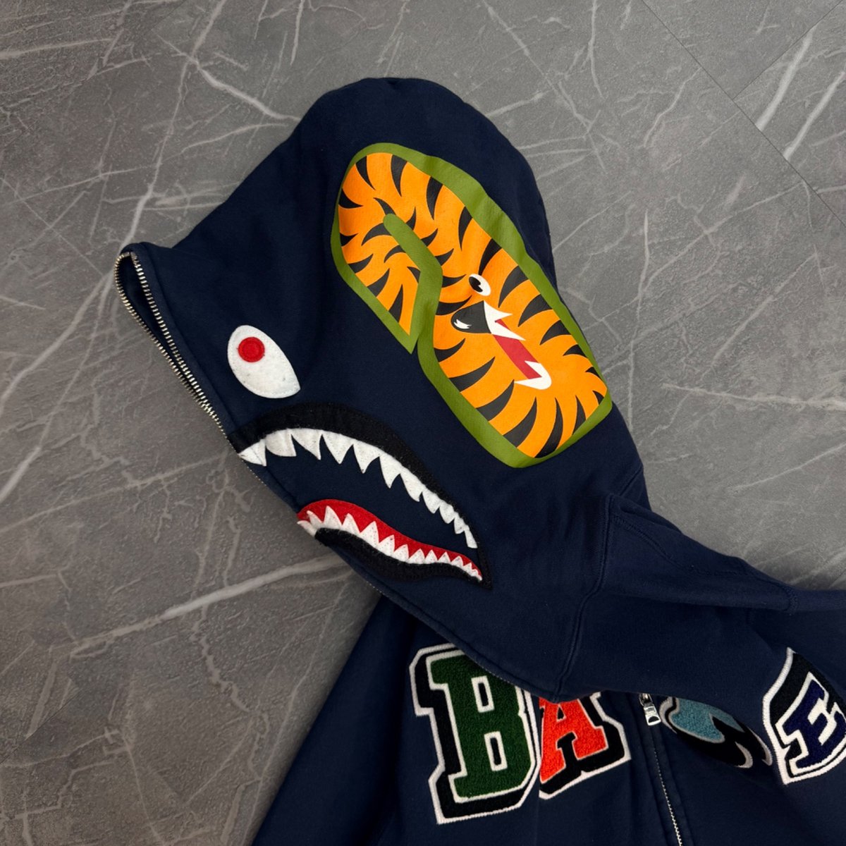 BAPE Multi Fonts Shark Full Zip Hoodie Navy (Size L) (Lightly Worn)