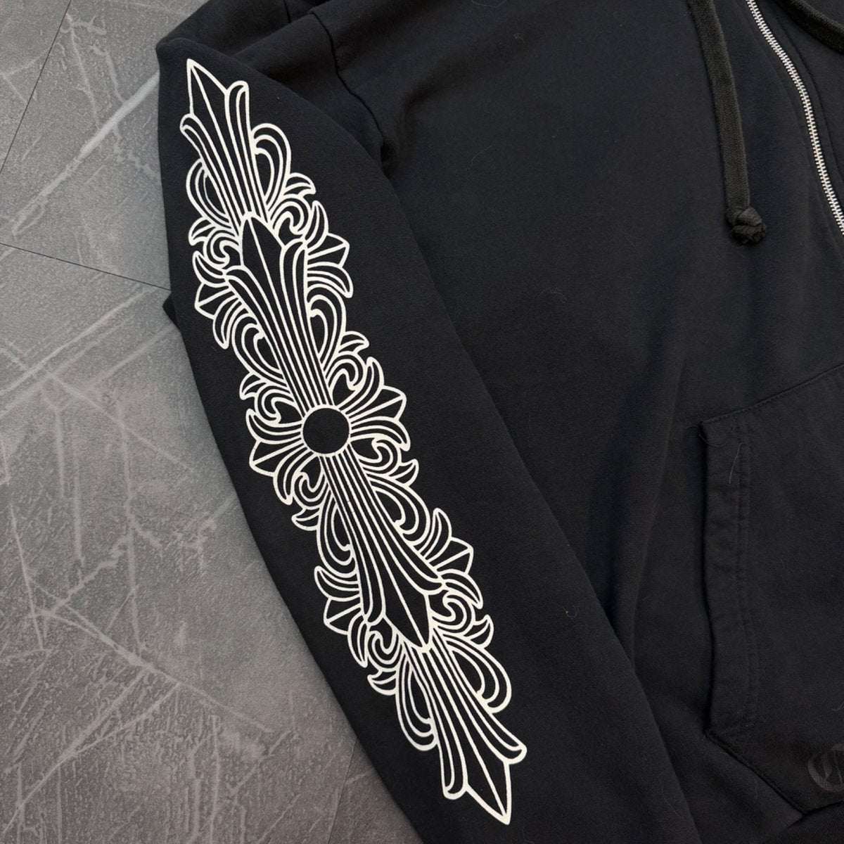 Chrome Hearts Horseshoe Floral Cross Sleeve Zip Up Hoodie Black/White
