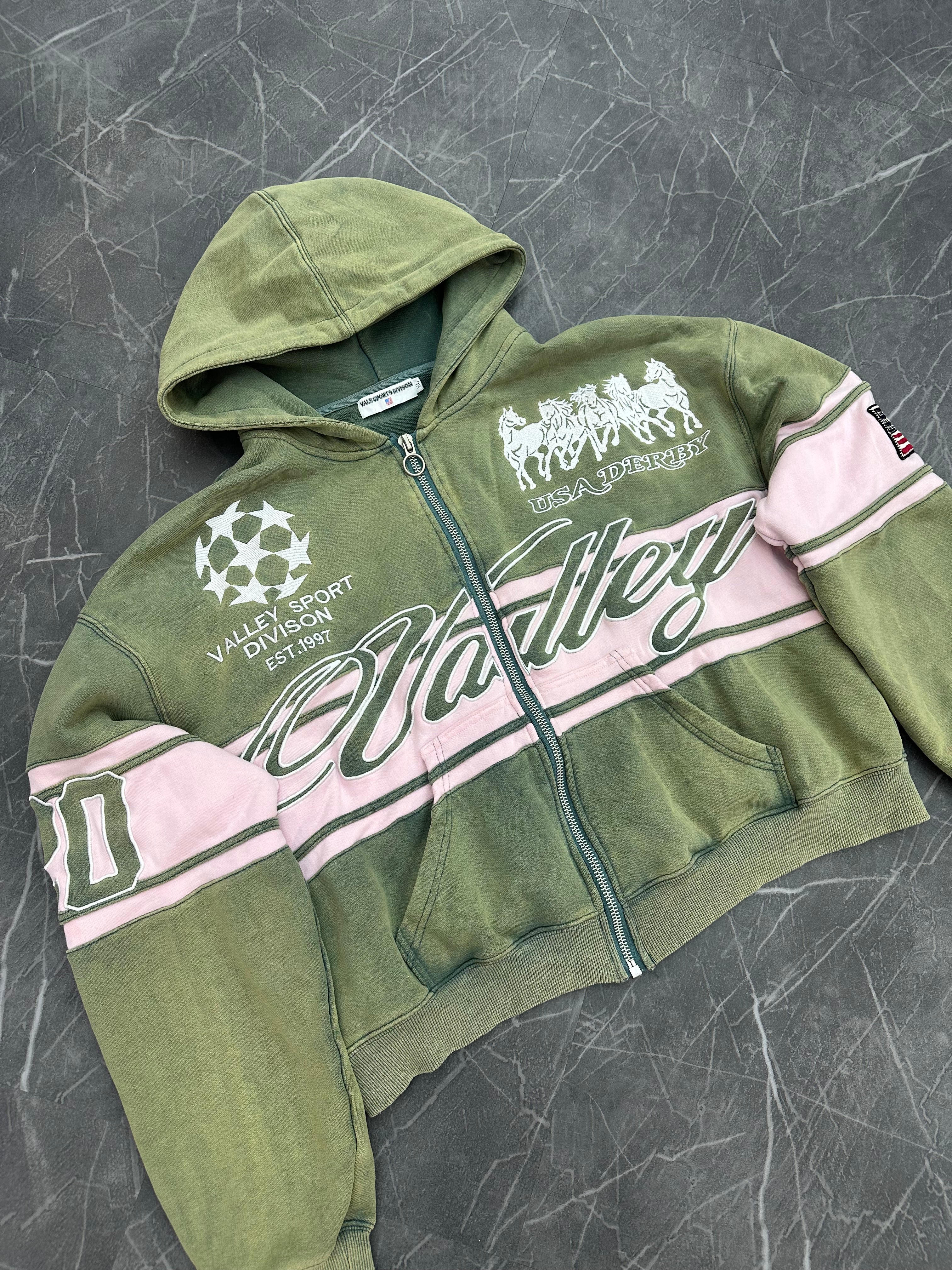 Vale Cursive Zip Up Green “Pink Dyed”