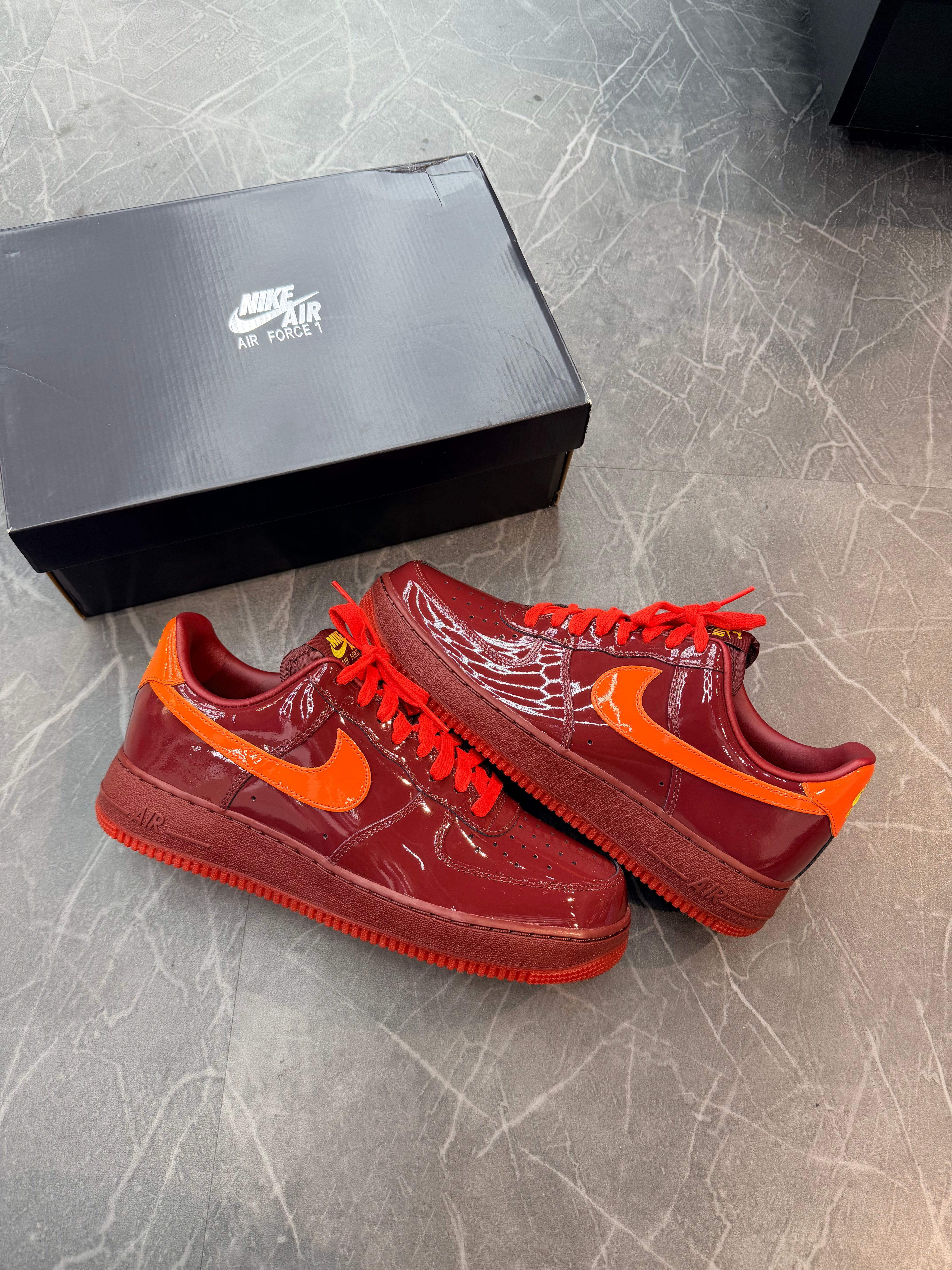 Nike Air Force 1 Low Patent Leather Dark Team Red Safety Orange