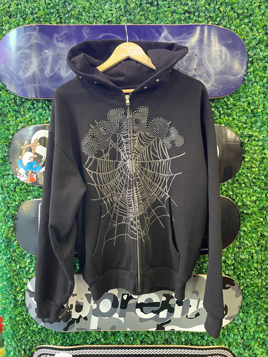 Sp5der Studded Zip Up OG Web Hoodie “Black”
