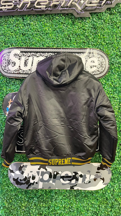 Supreme Mitchell & Ness Lined Hooded Satin Varsity Jacket “Black”