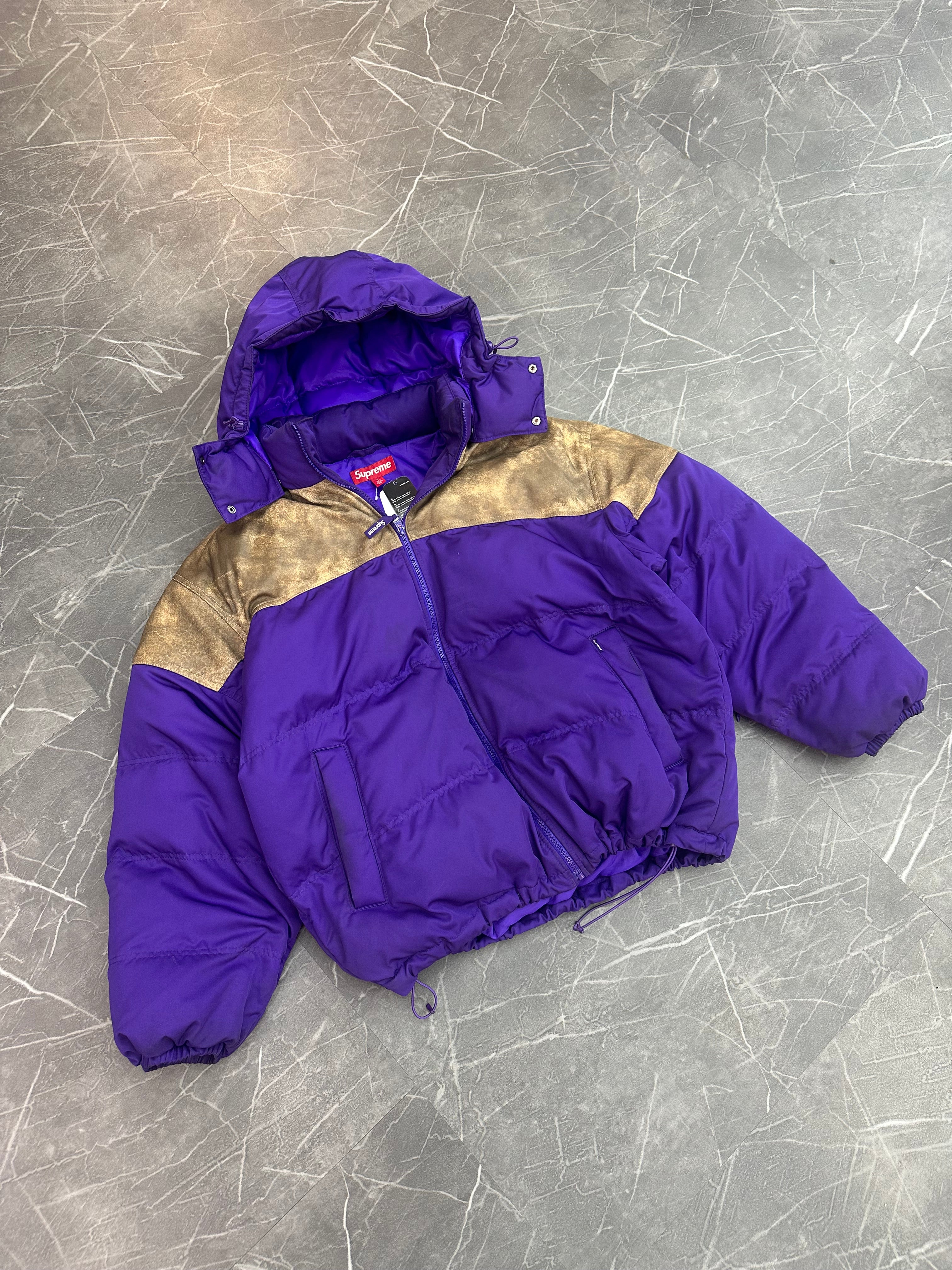 Supreme Leather Yoke Puffer Jacket Purple