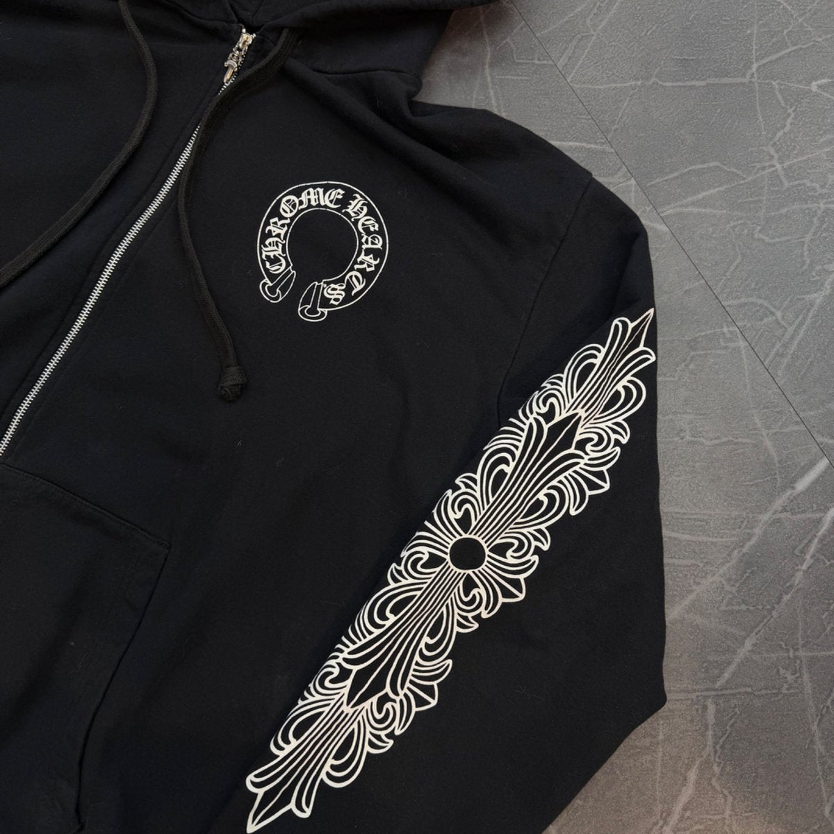 Chrome Hearts Horseshoe Floral Cross Sleeve Zip Up Hoodie Black/White