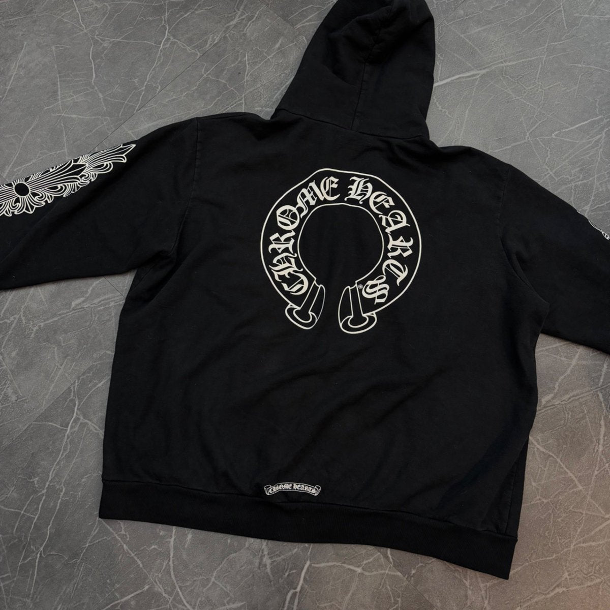Chrome Hearts Horseshoe Floral Cross Sleeve Zip Up Hoodie Black/White